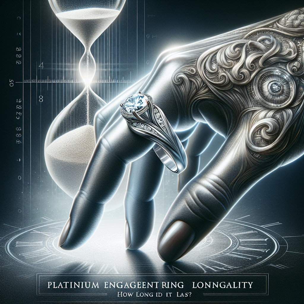 Close-up of a platinum engagement ring on a detailed metallic hand with an hourglass in the background symbolizing longevity.
